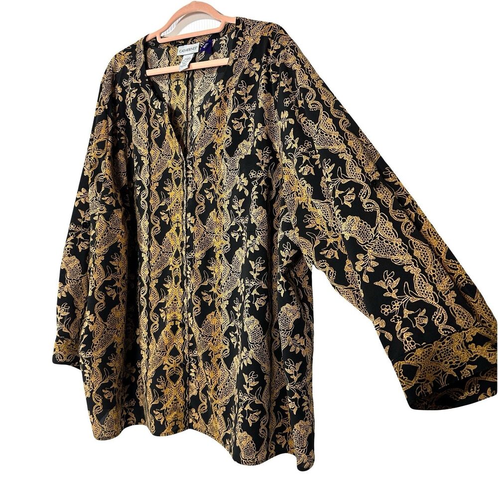 Catherines Button Front Tunic Blouse Size 3X WP 26 28 Petite Split Neck Printed